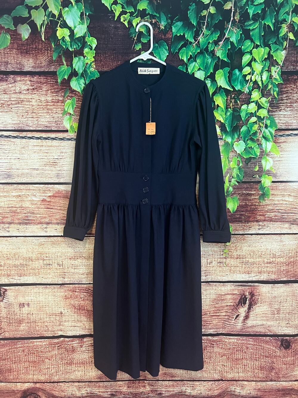 Vintage *NWT* Adele Simpson 100% Wool Navy Blue Button Detail Midi Dress Size 6